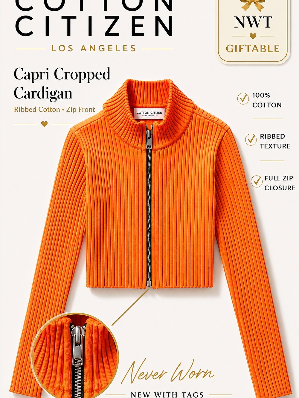 Cotton Citizen Capri Cropped Cardigan NWT Ribbed Zip Front Luxury Giftable Top